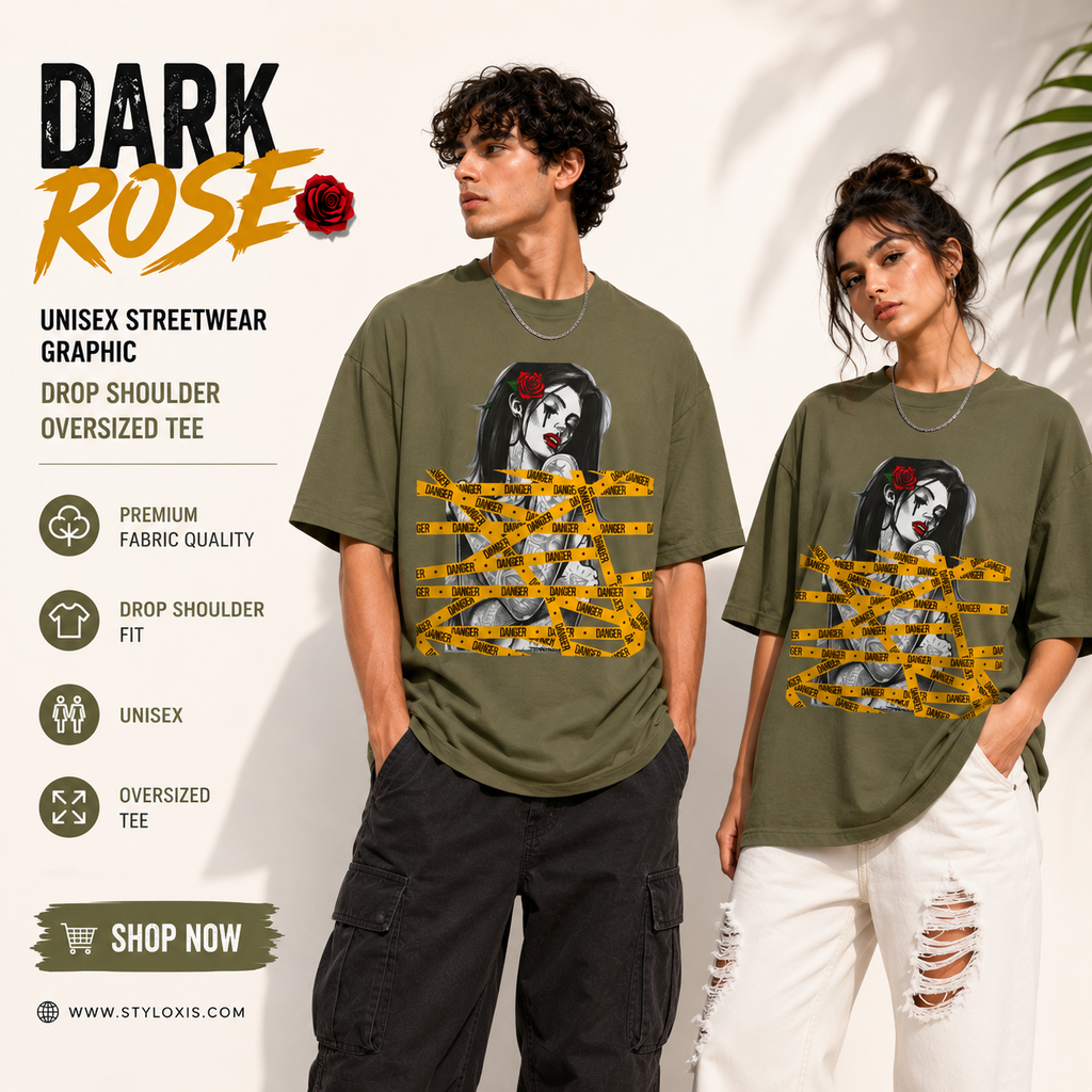 Dark Rose Unisex Streetwear Graphic Oversized Tee
