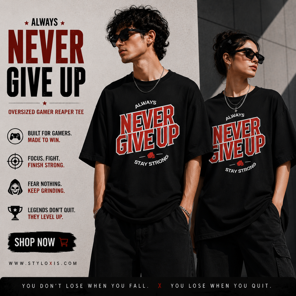 Always Never Give Up Oversized Gamer Reaper Graphic Tee