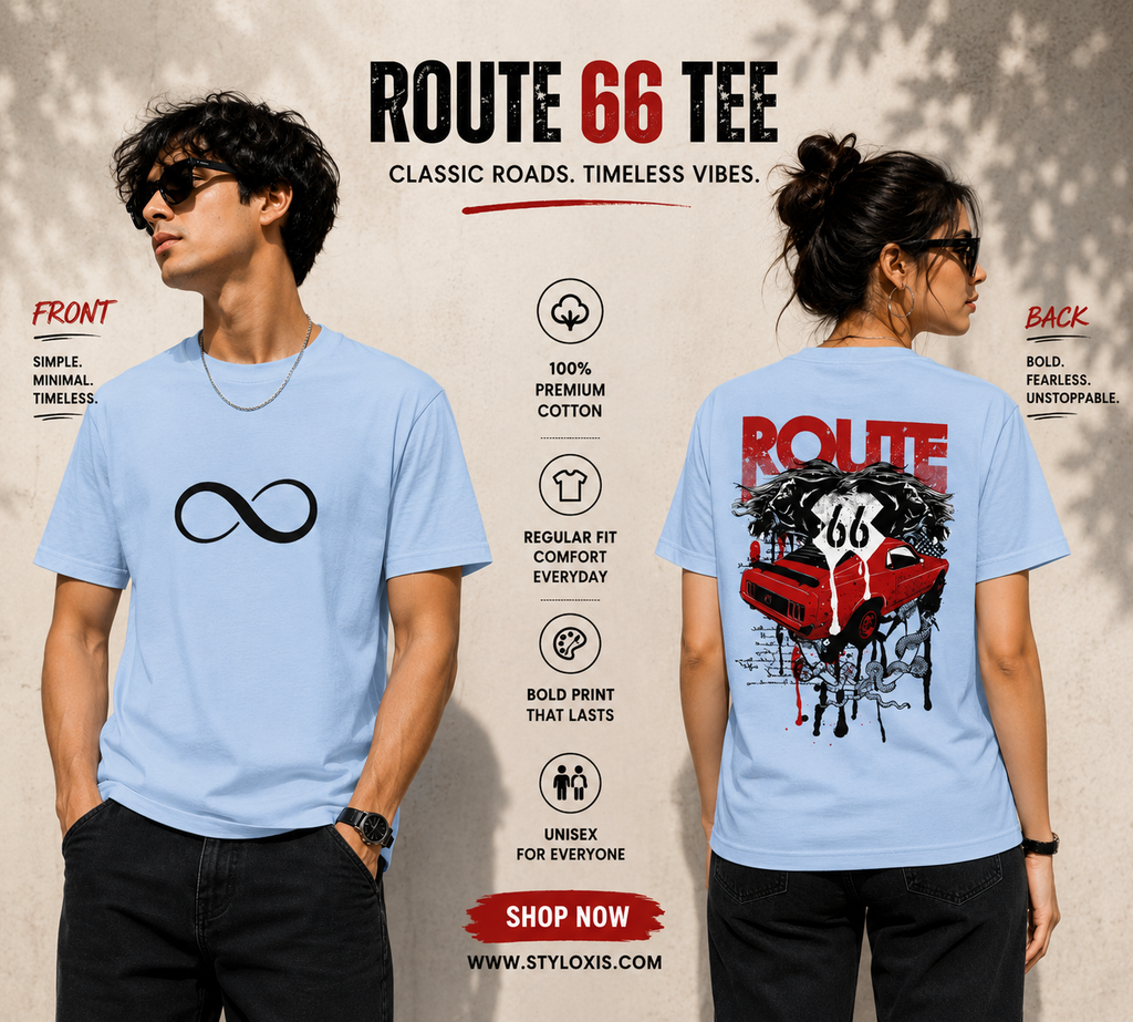 Route 66 Vintage Muscle Car Double-Sided Graphic T-Shirt