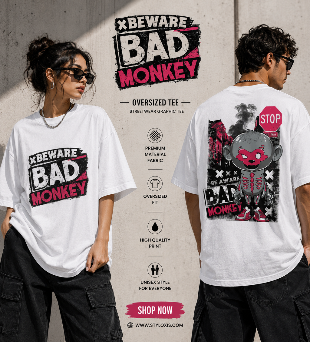 Beware Bad Monkey Graphic Unisex Drop-Shoulder Oversized Tee