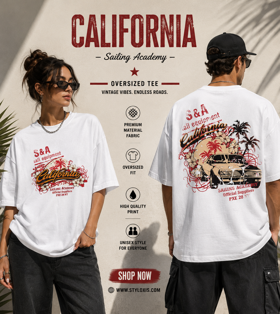 California Vintage Car Graphic Unisex Drop-Shoulder Oversized Tee